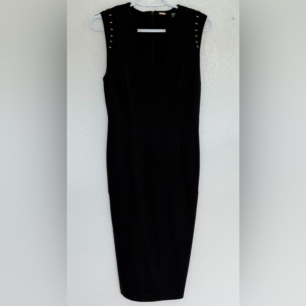 Tahari Black Sheath Dress Size 4 Gold Button Sleeveless Stretch Midi